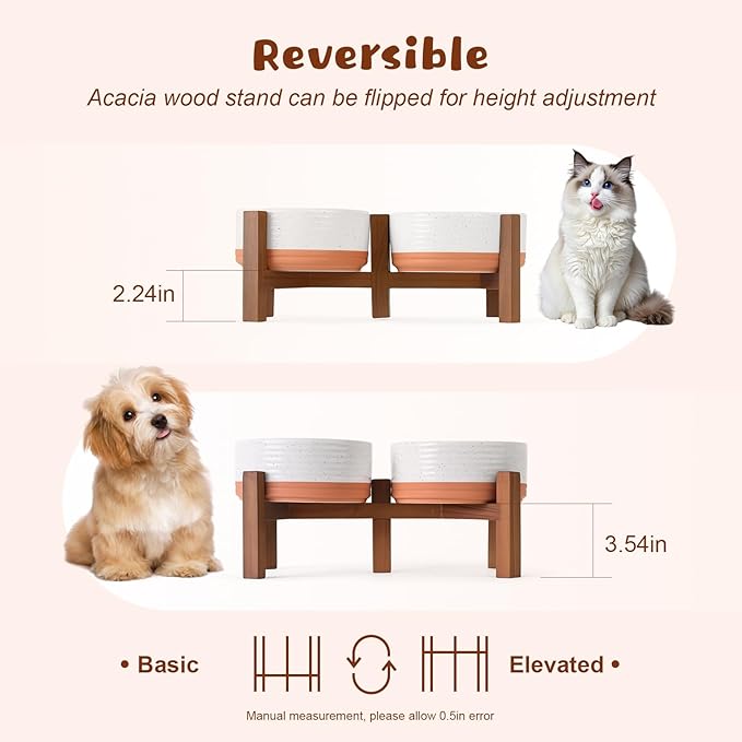 SPUNKYJUNKY Ceramic Elevated Dog Bowl Set with Acacia Wood Stand for Food and Water for Small Medium Sized Dog (28.74 OZ, White and Reddish Brown)