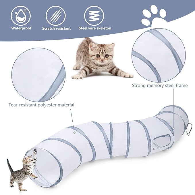 Sheldamy Cat Tunnel, S-2-Way Cat Tunnels for Indoor Cats, Collapsible Cat Play Tunnel, Interactive Toy Maze Cat House with 1 Play Ball for Cats, Puppy, Kitty, Kitten, Rabbit (White & Gray)