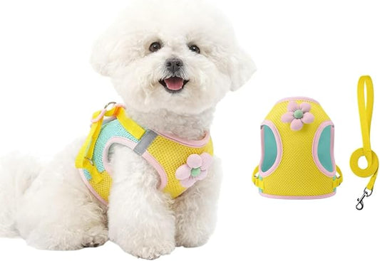 Floral Mesh Dog Harness with Matching Leash, Lightweight Pet Vest,Suitable for Small and Medium-Sized Cats and Dogs to Wear，Pink/Yellow (Yellow, L:16-20lbs)