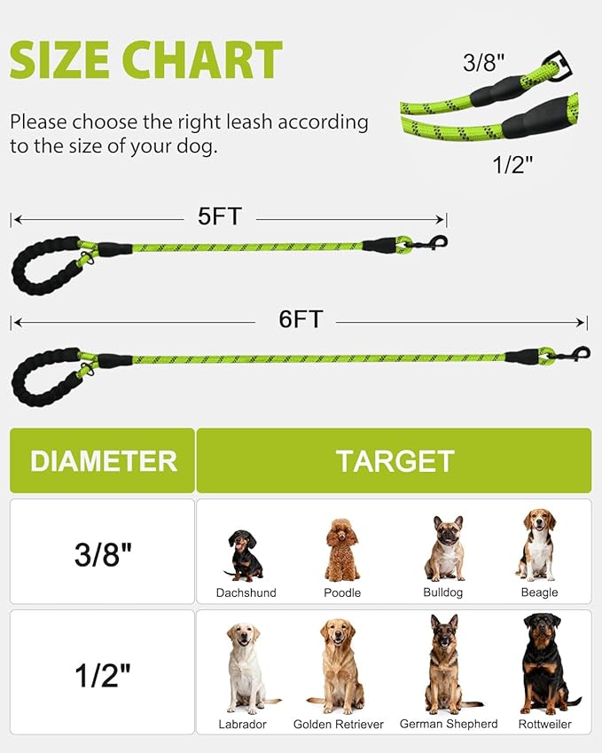 Joytale Dog Leash for Large Dogs, Heavy Duty Nylon Leashes with Comfortable Padded Handle and Highly Reflective Threads, Ideal for Walking and Training, Green, 5'횞1/2''