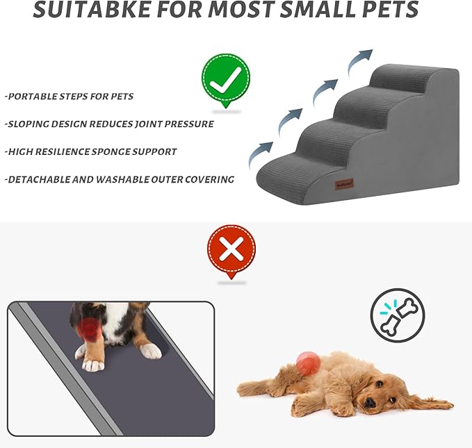 Dog Steps for Bed, 4-Step Dog Stairs Ramp for Small Dogs and Cats, Indoor Non-Slip Pet Stairs Suitable for Older, Short-Legged, and Puppy Dogs to Climb onto High Beds and Couch, 17.4" H,Grey