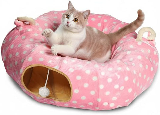 AUOON Cat Tunnel Bed for Indoor Cats - Large Cat Donut Tunnel with Hanging Ball Toy, Collapsible 2-in-1 Multifunctional Interactive Cat Toy for Kitten, Puppy, Rabbit, Ferret (Pink)