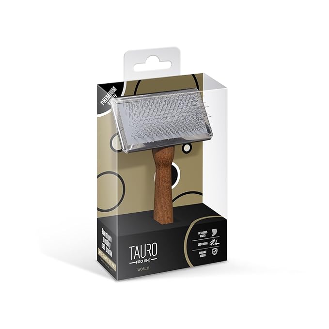 Tauro Pro Line Wooden Dog Brush for Shedding - Long & Short Hair Deshedding & Detangling Brown Slicker Brush for Dog & Cat Grooming - Flexible Cushion & Lightweight, Ideal for All Coat Types, M