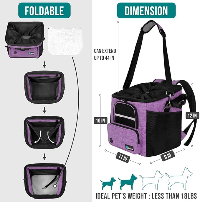 PetAmi Dog Bike Basket, Soft-Sided Ventilated Dog Bike Carrier Backpack, Pet Bicycle Basket for Bike Handlebar, Small Medium Puppy Cat Kitten Car Booster Seat with Safety Strap, Max 18 lbs, Purple