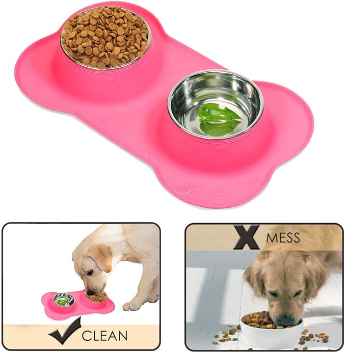 AsFrost Dog Food Bowls Stainless Steel Pet Food Bowls & Dog Water Bowls, Dog Bowls Silicone Mat No Spill Non-Skid Feeding Bowls for Small Size Dog Puppy Cat Food Dish, Pink, 3 Cup/24oz, Set of 2 Bowls