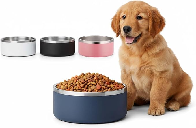 Dog Bowls, Stainless Steel Dog Food and Water Bowl for Small to Large Breed, Anti-Slip, Dishwasher Safer, Rust-Resistant, Easy to Clean, Weighted Durable Metal Bowl (Navy, 64 oz)