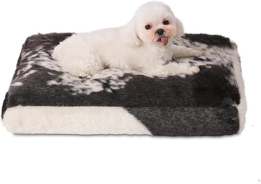 Bedfolks Plush Waterproof Dog Crate Bed, Removable Washable Cover, Faux Fur Pad for Small Dogs & Cats, 17"x12", Black-White Cowhide