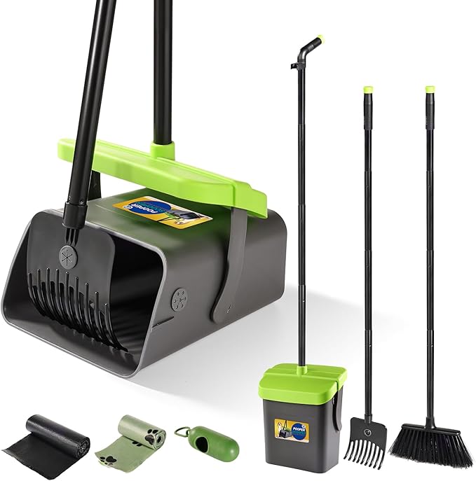 Pooper Scooper Swivel Bin & Rake Kit with 35 Bags – 46" Long Handle Heavy Duty Dog Poop Scooper with Bag Attachment, Yard Pet Waste Cleanup Tool for Large Medium Small Dogs