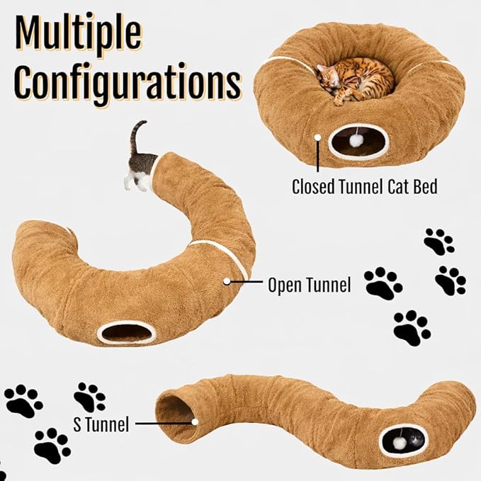 R1M Cat Tunnel Bed for Indoor Cats, Cute Cat Donut Tunnel Toys for Small, Larger Cats with Two Fish Cat Toys, Round Pet Peekaboo Cave Toy for Kitten, Brown