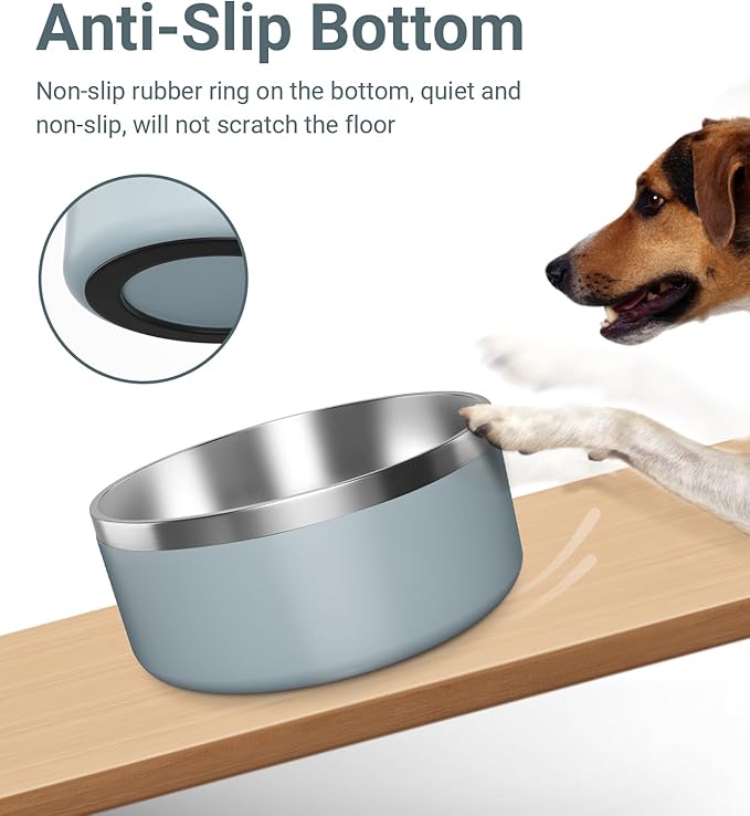 Dog Bowl, Stainless Steel Dog Food and Water Bowl with Non Slip Quiet Bottom, Easy to Clean, Dishwasher Safe, 40oz, Light Grey