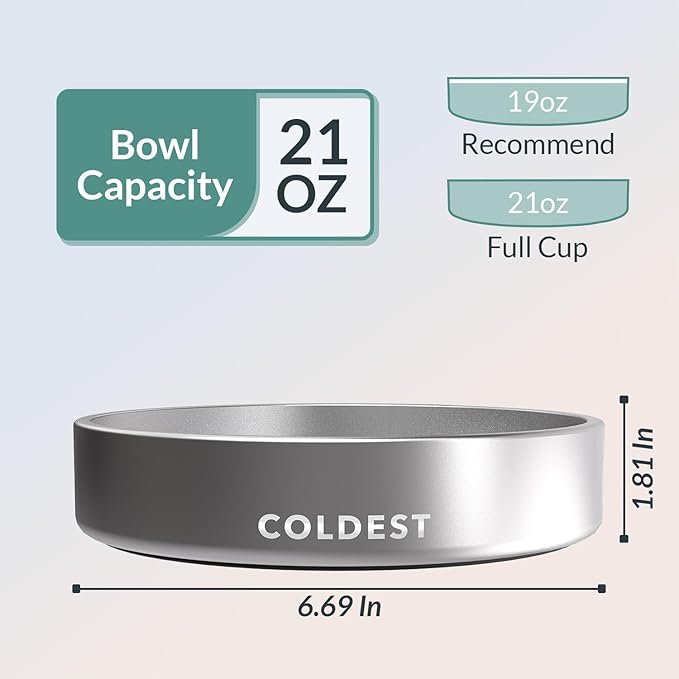 Coldest Dog Bowl - Anti Rust Metal, Non Slip, 3 Layers Insulated Stainless Steel Dog Bowls - Spill Proof & Heavy Duty - Water Bowl for Dogs, Cats, Dish Washer Safe (21 oz, Polished Stainless Steel)