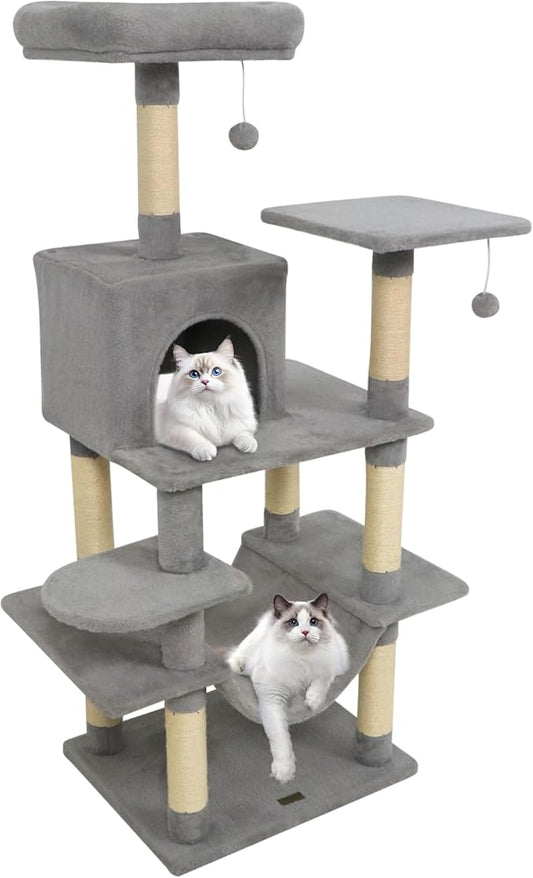 PETSITE Multi-Level Cat Tree, 58 Inches Tall with Sisal Scratching Posts, Condo, Hammock, Dangling Balls, Jumping Platforms, and Cozy Top Perch, Ideal for Indoor Cats to Play and Rest (Grey)