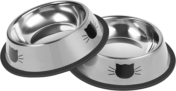 2 Pcs Non-Slip Stainless Steel Small Cat Food Bowls - Unbreakable, Thicken 7 Oz Cat Dishes - Indoor, Removable Rubber Base, Easily Clean, Lovely Color