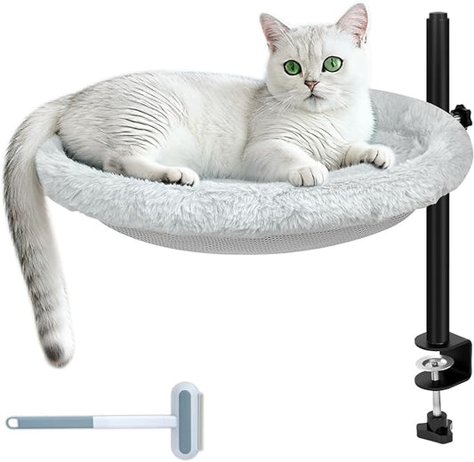 Cat Bed for Desk - Equipped with a multifunctional brush for hair removal. 360° Rotating & Height Adjustable Cat Hammock Supports Up to 50 lbs, Removable & Washable, Nest Bed Attachment Round Hammock