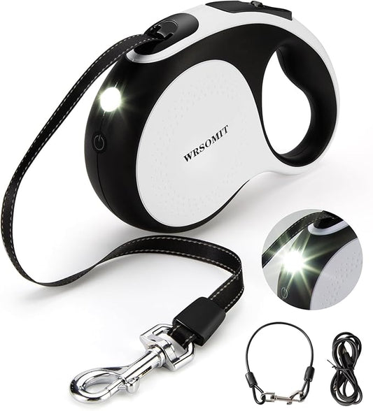 Retractable Dog Leash with Chew Proof Cable and LED Flashlight, 16Ft Heavy Duty Dog Leash for Medium Large Dogs up to 110lbs, 360째 No Tangle (White+16ft+LED)