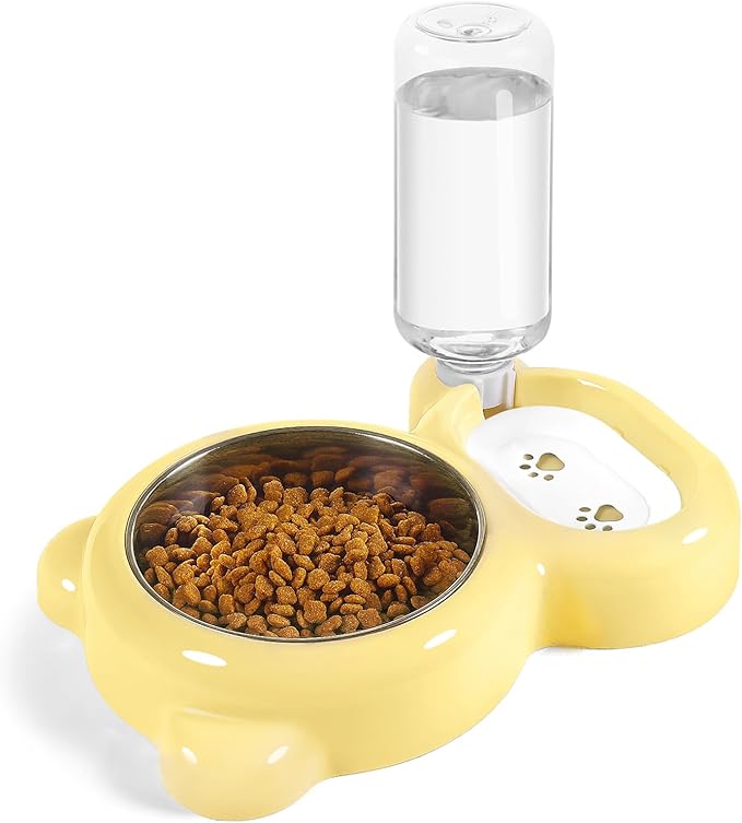 Dog Bowls, Cat Food and Water Bowl Set with Water Dispenser and Stainless Steel Bowl for Cats and Small Dogs - Yellow