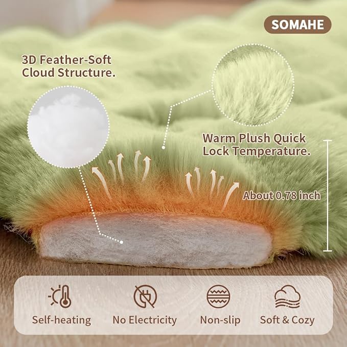 Self-Warming Cat Bed, Plush Faux Fur Pet Bed Mat with Anti-Slip Bottom, Ultra Soft Heated Pad for Cats & Kittens, Cozy Fluffy Bed for Window & Sills Couches, Machine Washable, 23x15 Inch Green