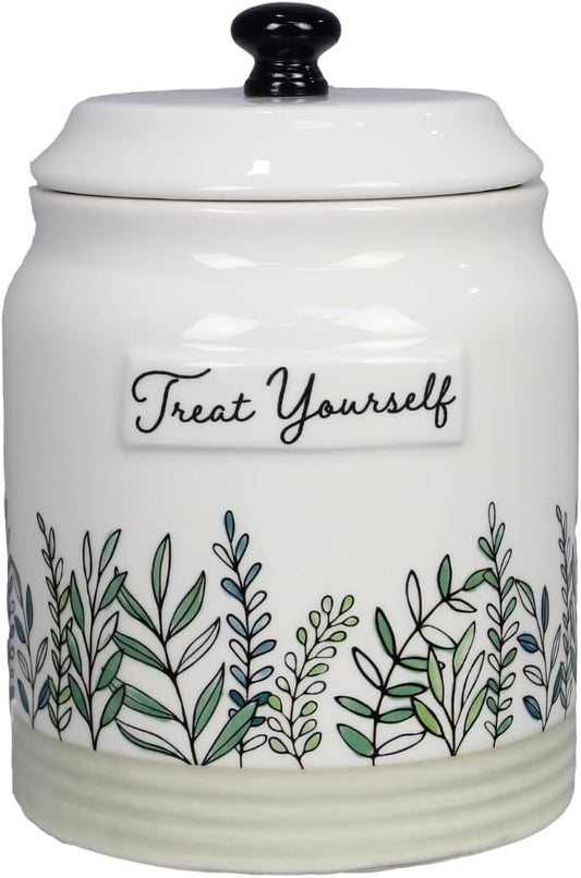 Young's Inc Quiet Cottage Ceramic Treat Jar with Airtight Lid, Leaf Botanical Design, Decorative Kitchen Counter Storage Canister for Snacks, Cookies, or Pet Treats, 8.3 Inch