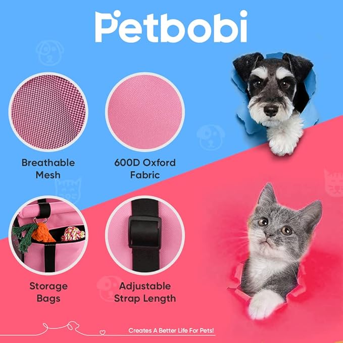 Petbobi Pet Reinforce Car Booster Seat for Dog Cat Portable and Breathable Bag with Seat Belt Dog Carrier Safety Stable for Travel Look Out,with Clip on Leash with PVC Tube, Pink