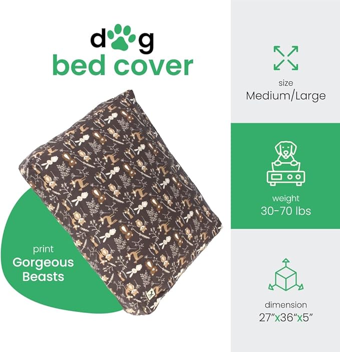 Molly Mutt Medium to Large Dog Bed Cover - Gorgeous Beasts Print - Measures 27”X36”X5’’ - 100% Cotton - Durable - Breathable - Sustainable - Machine Washable Dog Bed Cover (Dd72b)