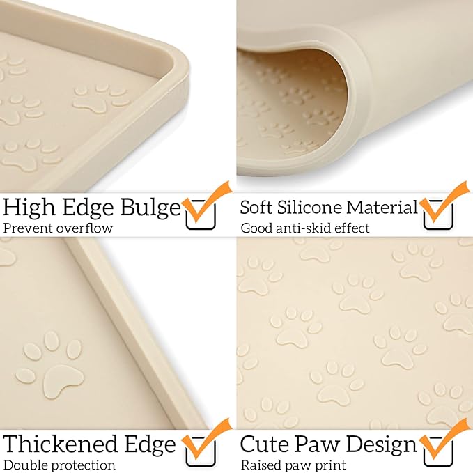 Ptlom Silicone Pet Placemat for Dog and Cat, Waterproof Anti-Slip Pet Feeding Bowl Mats for Food and Water, Small Medium Large Tray Mat Prevent Residues from Spilling to Floor, Beige, 31.5" 23.6"
