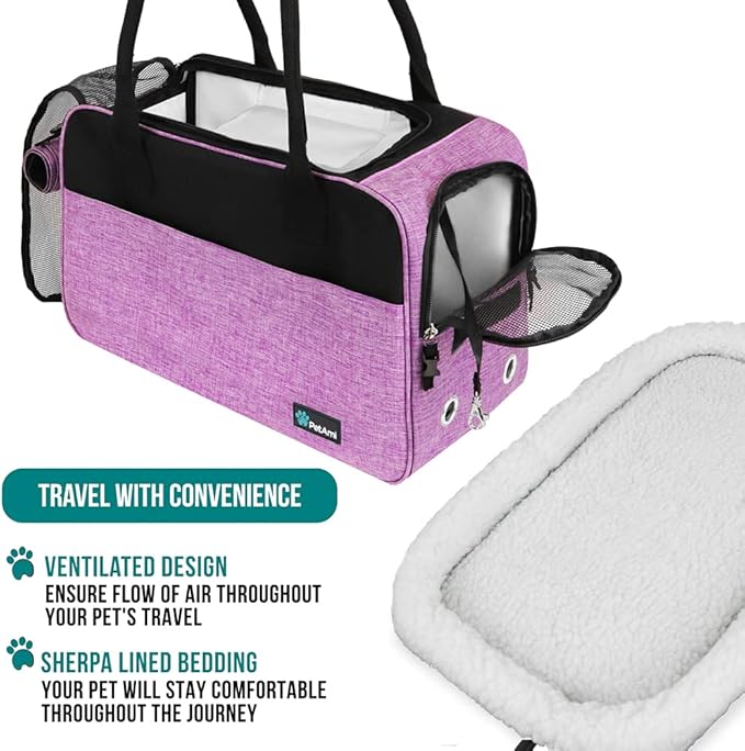 PetAmi Dog Purse Carrier for Small Dogs, Airline Approved Soft Sided Pet Carrier with Pockets, Ventilated Dog Carrying Bag for Puppy Cat, Dog Travel Supplies Bag, Sherpa Bed, Max 12 lbs, Purple