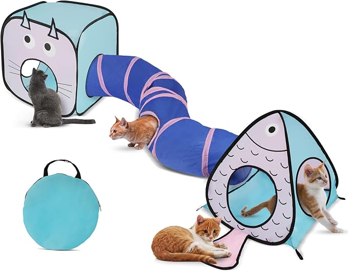 Rypet Cat Toy Tunnel and Cubes Bundle - Interactive Crinkle Collapsible Cat Tube and Foldable Cubes Playground for Kitty, Rabbit, Puppy, Ferret Hiding Hunting and Resting