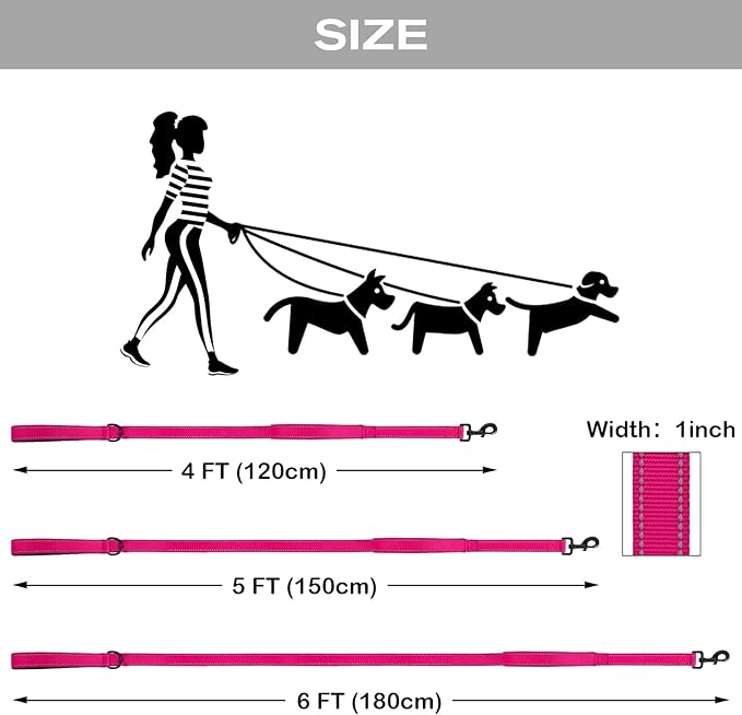 Joytale Dog Leash Heavy Duty for Large Dogs That Pull, Double Handle for Traffic Control, Double-Sided Reflective Leashes for Large Medium Dogs Night Safety, 5FT, Hot Pink