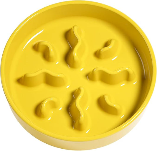 LE TAUCI PET Ceramic Slow Feeder Dog Bowls Small Breed, 0.5 Cups Dog Food Dish for Fast Eaters, Puzzle Bowl for Small Dogs and Cats, 5.5 Inch-Yellow