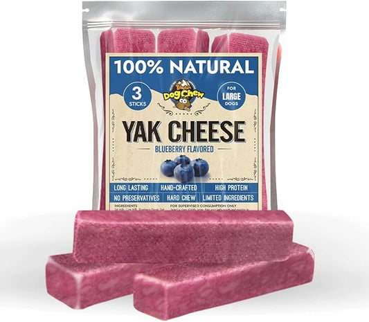 Tibetan Dog Chew Yak Cheese Sticks (3 Large Chews) Blueberry Flavored - Handmade Treats for Large Dogs, Long-Lasting, Easy to Digest, Grain-Free, Gluten-Free, for Aggressive Chewers