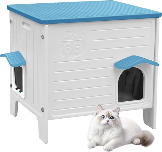 Deblue Outdoor Cat House Weatherpoof Large Plastic Cats Houses with Escape Door Indoor Waterproof Feral/Pet Cat Shelter Outside for Multiple Cats (Blue)