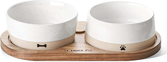 LE TAUCI PET Dog and Cat Bowl Set with Acacia Wood Tray - 2 Cup Ceramic Puppy Bowls for Cats &Small Dogs, Dual Food and Water Bowls with Weighted Non-Slip Base