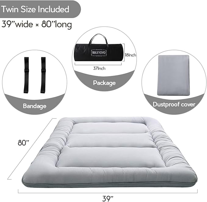MAXYOYO Japanese Floor Mattress, Thicken Daybed Futon Sleeping Pad Foldable Roll Up Mattress Boys Girls Dormitory Floor Lounger Bed Couches and Sofas, Grey, Twin Size