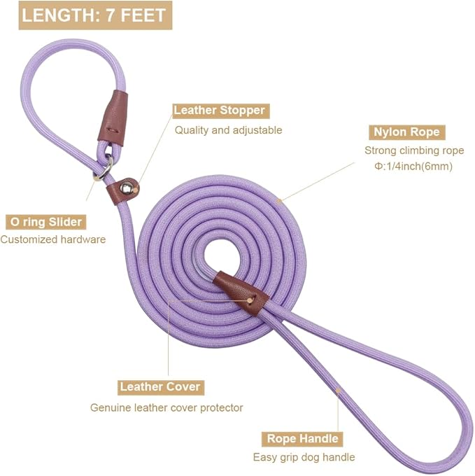 BTINESFUL 7FT Slip Lead Dog Leash, Strong Nylon Rope Leash, 1/4 inch Diam Dog Training Lead for Small Medium Pets Puppies, Purple