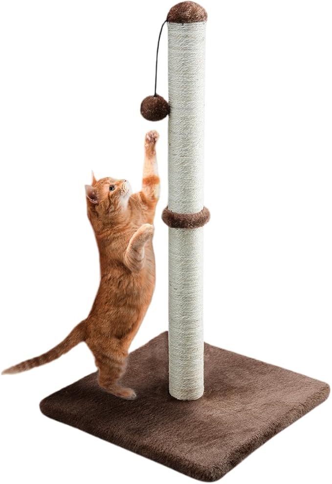 Dimaka 34" Height Tall Cat Scratching Post, Claw Scratcher with Sisal Rope and Covered with Soft Smooth Plush, Vertical Scratch [Full Strectch] for All Cats (Dark Brown, 34 inches for Large Cats)
