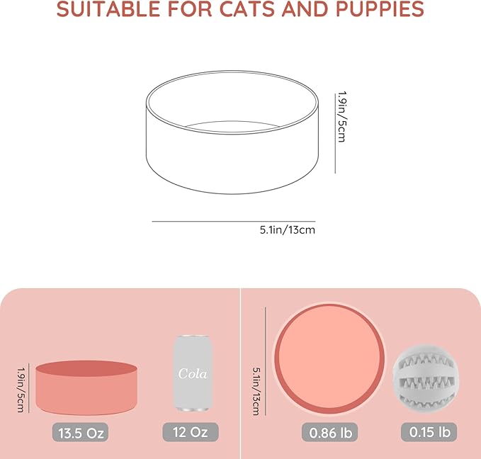 SPUNKYJUNKY 13.5OZ Ceramic Dog and Cat Bowl, Modern Cute Weighted Food Water Bowl for Replacement Pink (1 Pack)