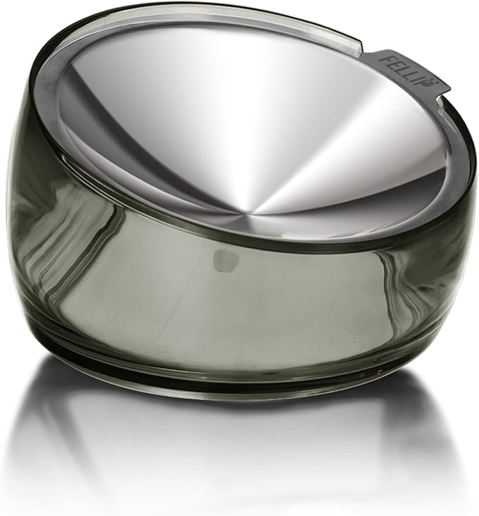 Felli Pet Oblik Whisker Fatigue Cat Food Bowl Raised Stainless Steel Shallow Dish, Pet Friendly Design Anti Vomit Tilted Metal Plate Feeder Elevated Acrylic Base for Treats Storage (0.5 Cups, Smoky)