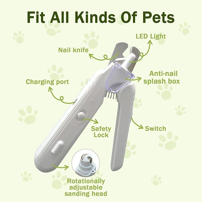 2-in-1 Dog Nail Grinder & Dog Nail Clippers Trimmers for Large Medium Small Dogs Cats Pets Claw Trimmer with LED Lights (White)