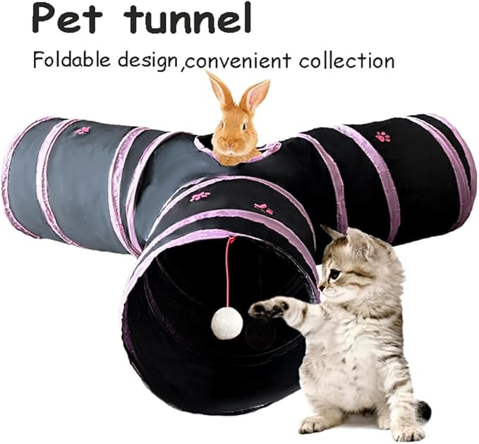 Cat Tunnel Tube Toy Collapsible 3 Way Black with Pink Paws, Pet Tunnels for Indoor Cats, Play Tubes with Hanging ball for Kitten, Puppy, Rabbit, Interactive Toys for Fun Playtime & Exercise