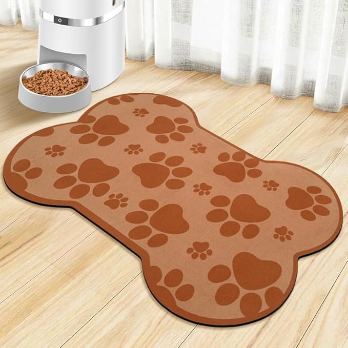 Dog Food Mats for Floors Waterproof, Pet Feeding Absorbent Water Bowl Mat Cat Placemats Brown Bone Shape 23.6 * 15.7 inch