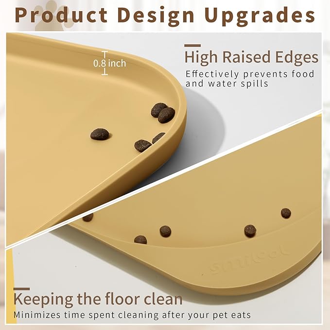 Silicone Pet Food Mat with Raised Edge for Food and Water Bowl, Dog Feeding Mats, Cat Food Trays for Floor Waterproof, Rubber Tray for Dogs and Cats, 22 x 14 x 0.8 Beige