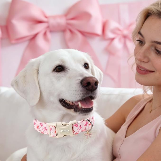 DOGWONG Pink Dog Collar, Cute Flower Girl Female Dog Collar Adjustable Soft Bowtie Print Pet Dog Collar Puppy Necklace for Small Dogs,XS