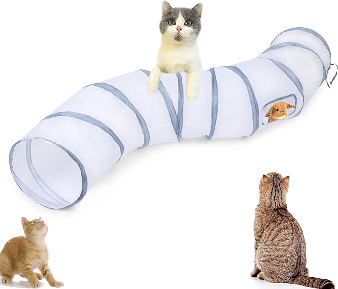 Cat Tunnel Tube Toys，Tunnels for Indoor Cats, S-Shape White Collapsible Interactive Toy with Balls for Rabbits, Kittens, Ferrets, Puppy