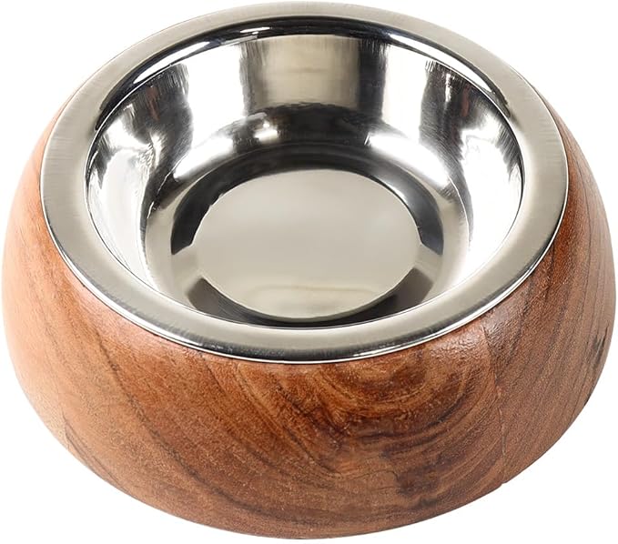 Selly’s Den Wood Belly Pet Bowl - Low Profile Elevated Base with Stainless Steel Insert, Real Wood Base with Stainless Steel Insert Non Slip and Spill Resistant Base (6 Oz)