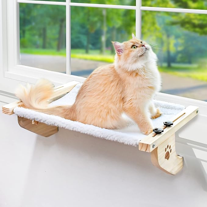 AMOSIJOY Cat Sill Window Perch Sturdy Cat Hammock Window Seat with Wood & Metal Frame for Large Cats, Easy to Adjust Cat Bed for Windowsill, Bedside, Drawer and Cabinet