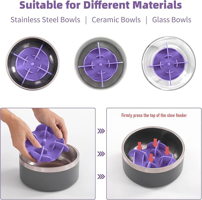 Jaoul Slow Feeder Dog Bowls Insert, 5.4 Inch Cuttable Slow Feeder Insert with 17 Octopus Suction Cups for Small Size Dog Food Bowl (Small, Purple)