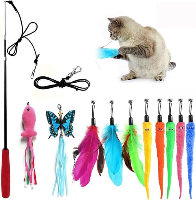 Retractable Cat Toy Wand, 12 Packs Interactive Cat Feather Toys, 9 Assorted Teaser Refills with Bell for Kitten (Pink)