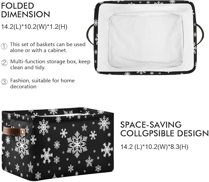 Winter Snowflake Black Storage Basket Fabric Kitchen Baskets Christmas Holiday Open Home Storage Bins Boxes Foldable Organizer Bag for Baby Cloth Xmas Baskets 16×12×8 Inches