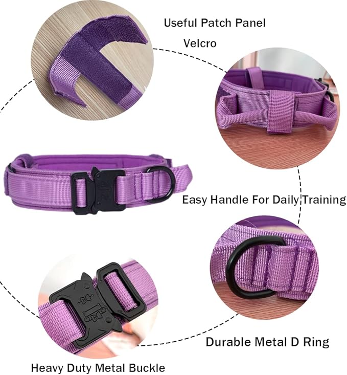 Xqpetlihai Tactical Dog Collar Adjustable Military Nylon Dog Collar with Control Handle and Heavy Duty Metal Buckle for Medium and Large Dogs (Purple,L)