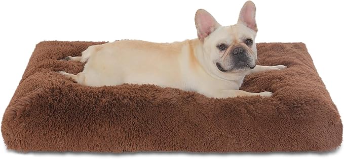 Bedfolks Plush Waterproof Dog Crate Bed, Pad with Removable Cover, Faux Fur, Washable Kennel Bed 29"x21", Solid Brown